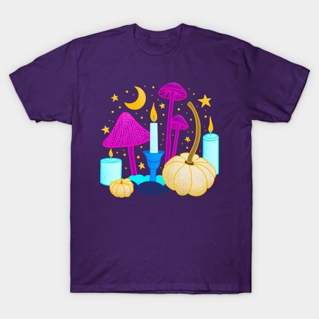 Magical Mushrooms Pumpkins and Candles T-Shirt by julieerindesigns